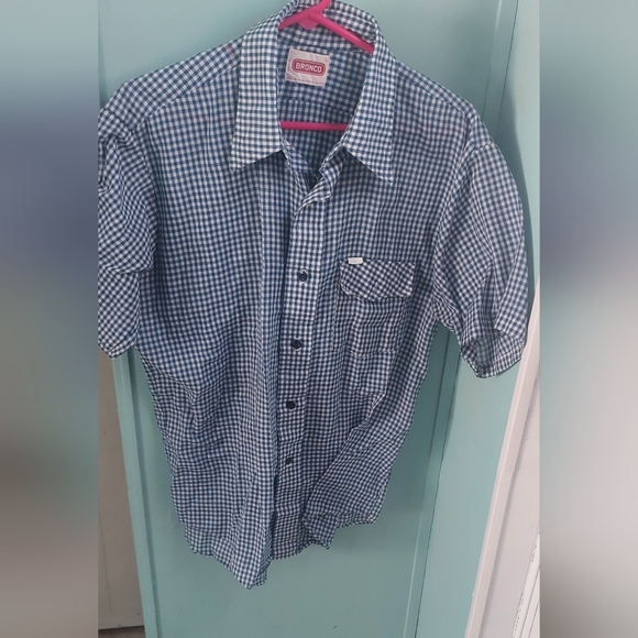 ! Vintage 70s Bronco Western blue/ white check shirt, large - Picture 2 of 7